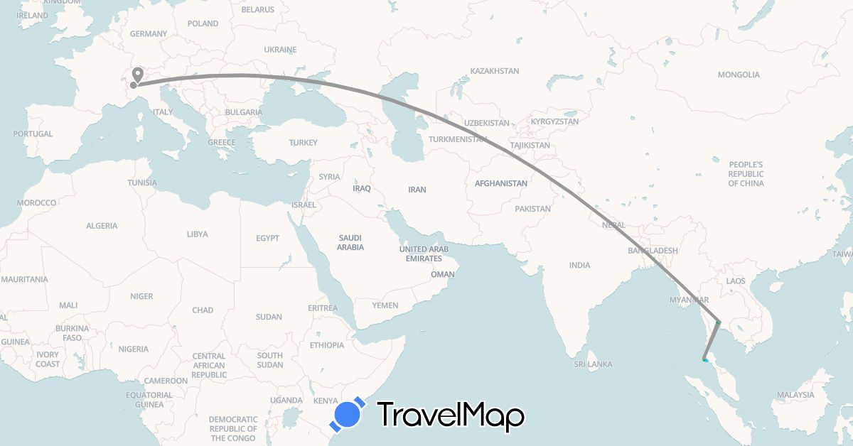 TravelMap itinerary: driving, bus, plane, boat in Italy, Thailand (Asia, Europe)
